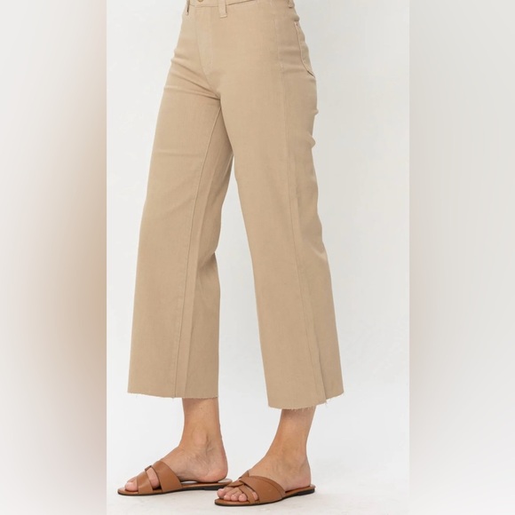 Judy Blue wide leg khaki jeans with a raw hem cropped high waist Size 7/28 comfy - Picture 2 of 11